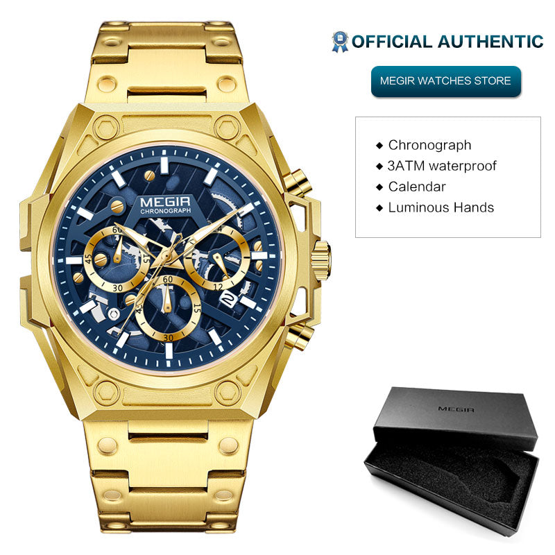 MEGIR Blue Watch Men Stainless Steel Dress Wrist Watch Man Waterproof Chronograph Quartz Watches Relogio Masculino часы мужские