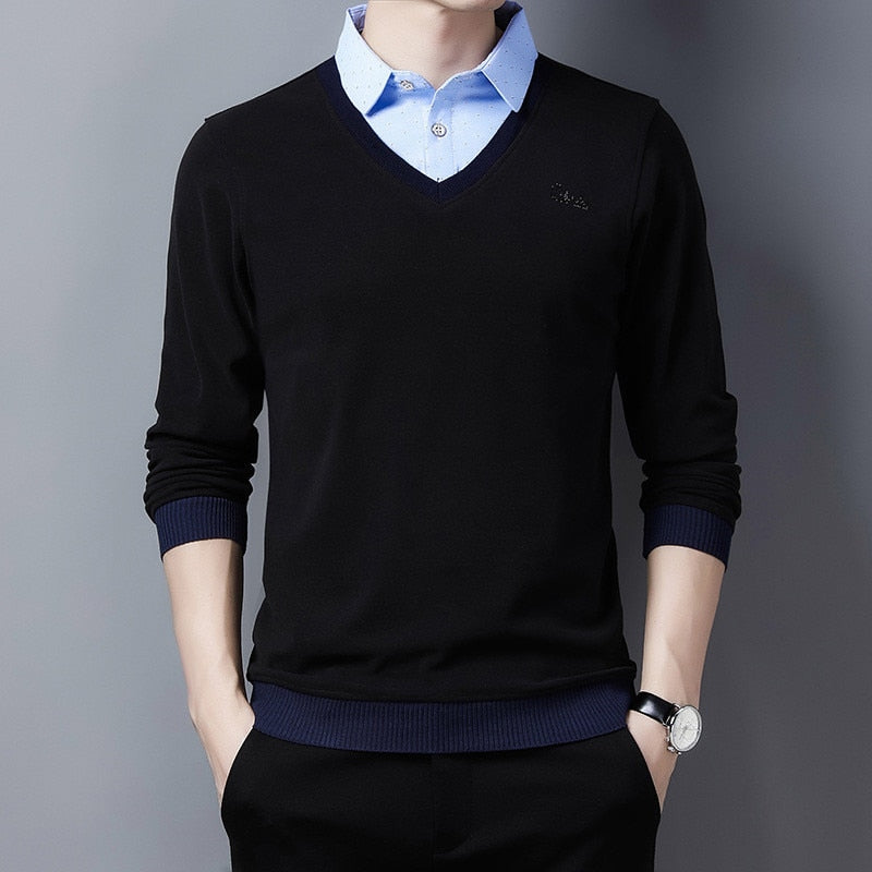 Ymwmhu New Fake Two Piece Men Polo Shirt Long Sleeve Warm Autumn and Winter Polo Shirt for Man Slim Fit Clothing Korean Tops