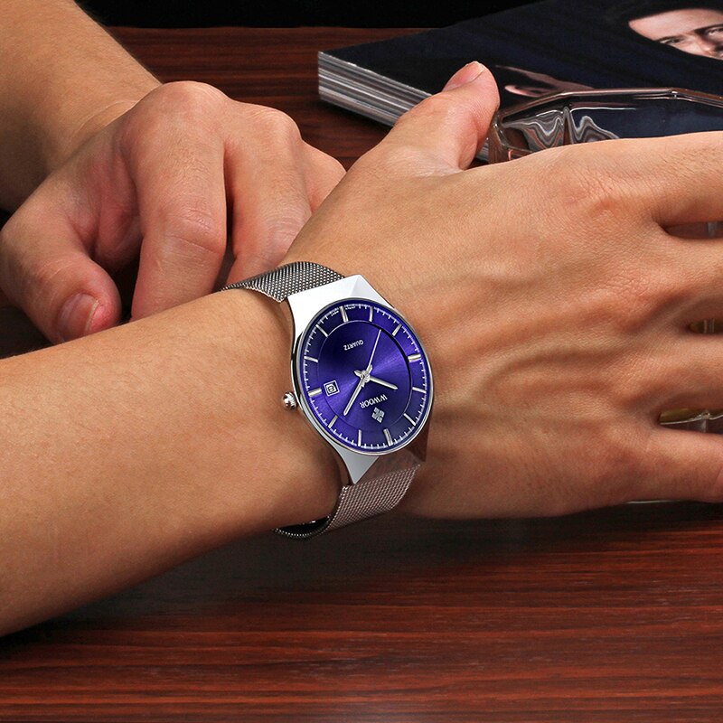 WWOOR Watch Men Luxury Ultra-thin Casual Mens Watch Blue Waterproof Stainless Steel Quartz Auto Date Fashion Watches Mens 2021
