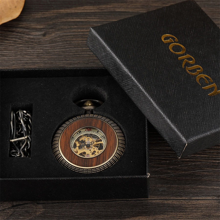Solid Wood Mechanical Pocket Watch FOB Chain Locket Dial Hollow Steampunk Skeleton Men Women Mens Male Clock Watches Box Package