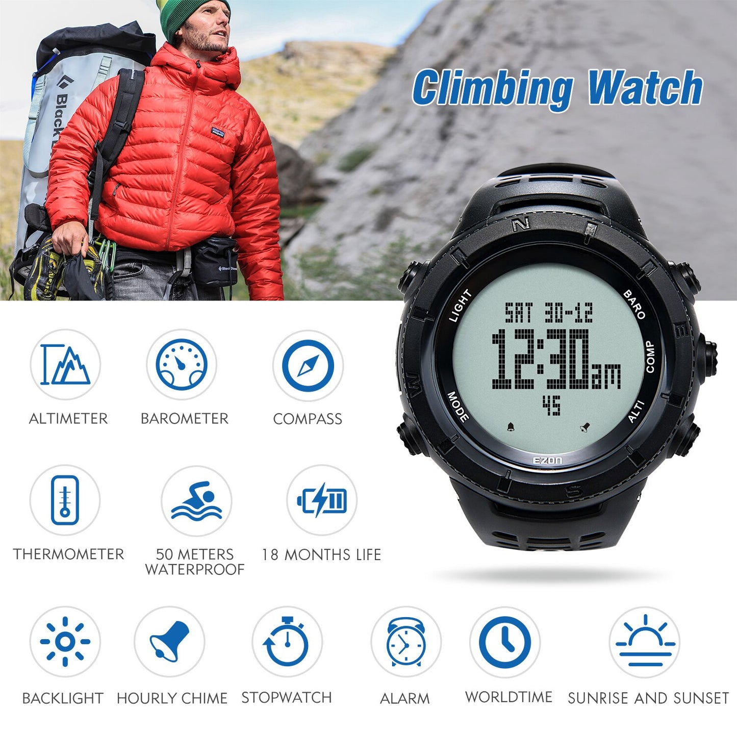 EZON H001H13 Professional Climbing Hiking Wristwatches Altimeter Barometer Compass Men Digital Sports Watch 50M Waterproof