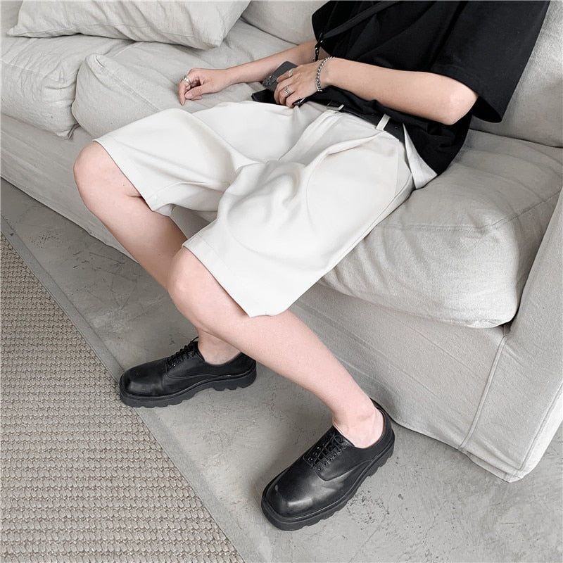 Summer Men's Shorts Straight Fit Knee-Length Short Suit Pant Solid Beige Black Summer Clothing Student Thin Casual Shorts Man