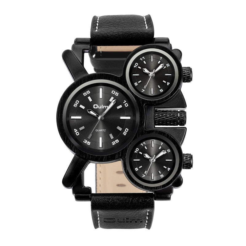 Punk Style Men Watches Oulm 1167 New Retro Male Quartz Watch Unique 3 Time Zone Quartz Clock Leather Man Military Wristwatch