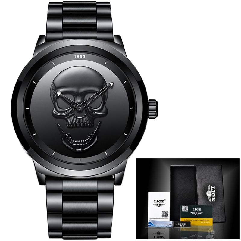 Men 3D Skull Watch LIGE Top Brand Quartz Stainless Steel Watchs Men Fashion Business Waterproof Creative Clock Relogio masculino