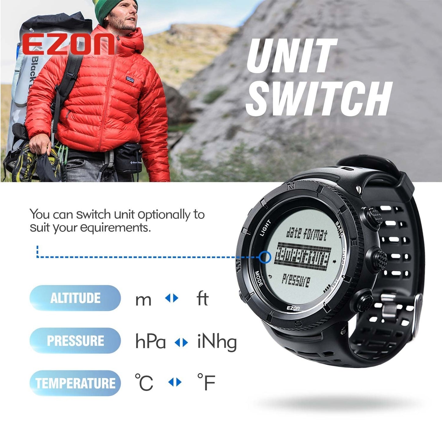 EZON H001H13 Professional Climbing Hiking Wristwatches Altimeter Barometer Compass Men Digital Sports Watch 50M Waterproof