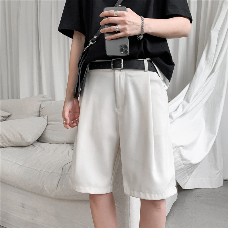 Summer Men's Shorts Straight Fit Knee-Length Short Suit Pant Solid Beige Black Summer Clothing Student Thin Casual Shorts Man