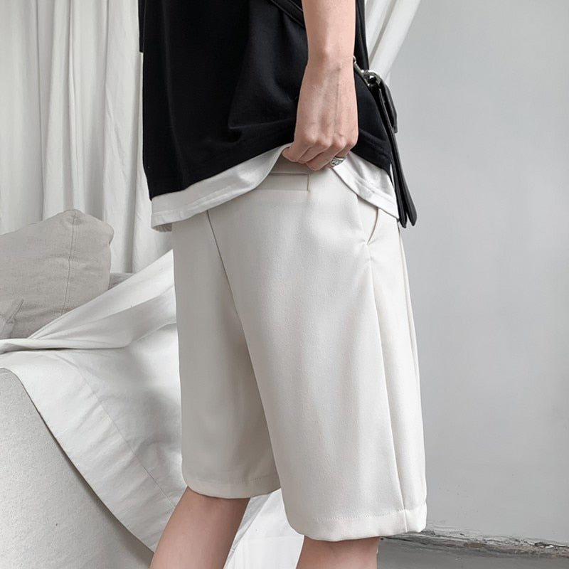Summer Men's Shorts Straight Fit Knee-Length Short Suit Pant Solid Beige Black Summer Clothing Student Thin Casual Shorts Man