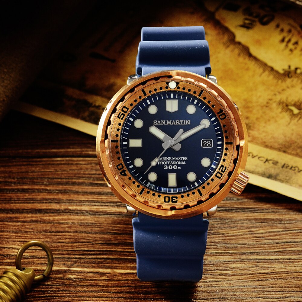 San Martin Tuna Bronze Men Watch Automatic Mechanical Sapphire Luminous 30 Bar Water Resistant Fluoro Rubber Strap Calendar часы