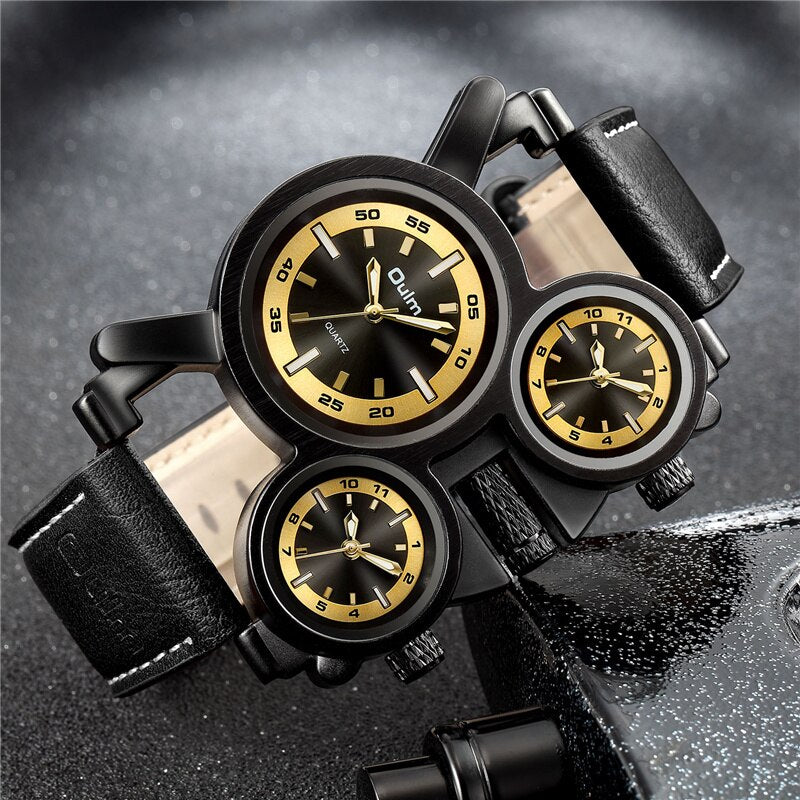Punk Style Men Watches Oulm 1167 New Retro Male Quartz Watch Unique 3 Time Zone Quartz Clock Leather Man Military Wristwatch