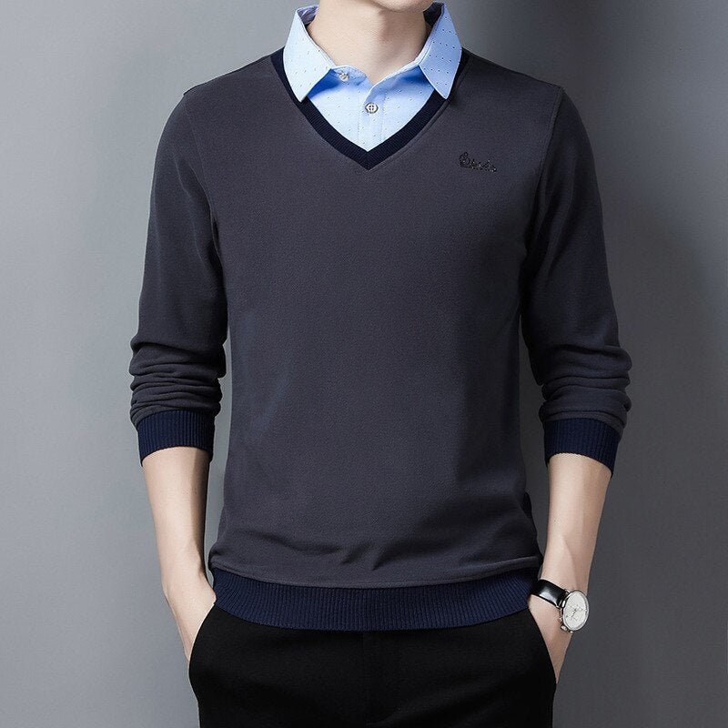 Ymwmhu New Fake Two Piece Men Polo Shirt Long Sleeve Warm Autumn and Winter Polo Shirt for Man Slim Fit Clothing Korean Tops