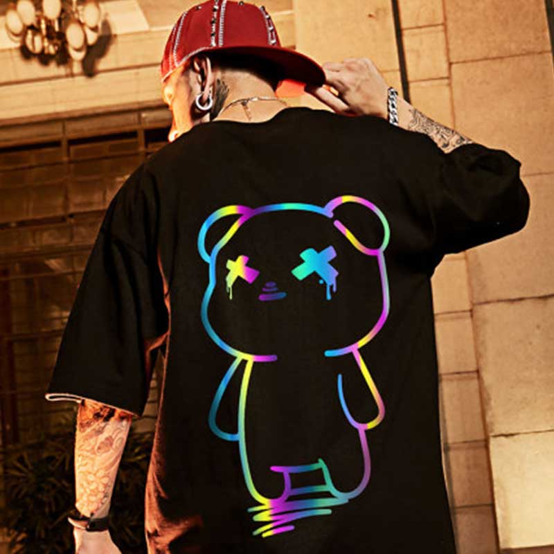 Oversize t shirts Cartoon Bear Print Reflective Rainbow T Shirts Harajuku Streetwear Top Tees Cotton Casual Half Sleeve Clothing