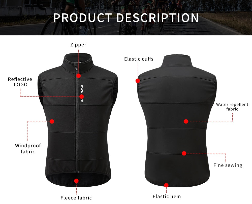 WOSAWE Mens's Winter Thermal Cycling Vest Warm Sleeveless Windproof Waterproof Running Vest MTB Bike Bicycle Reflective Clothing