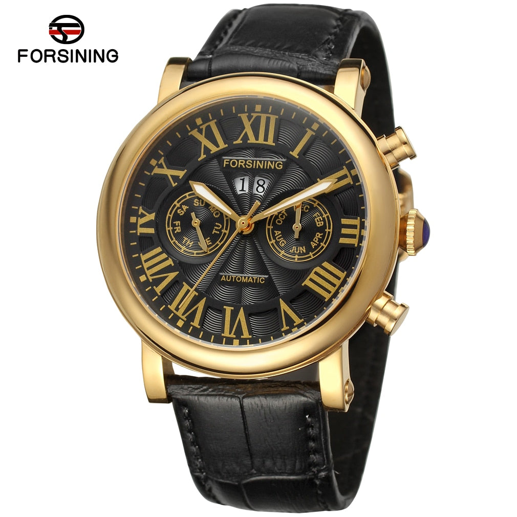 Luxury Design Men's Mechanic Watches Leather Strap Butterfly Clasp Male Clock Auto Date Day Month Calendar Wristwatches for Man