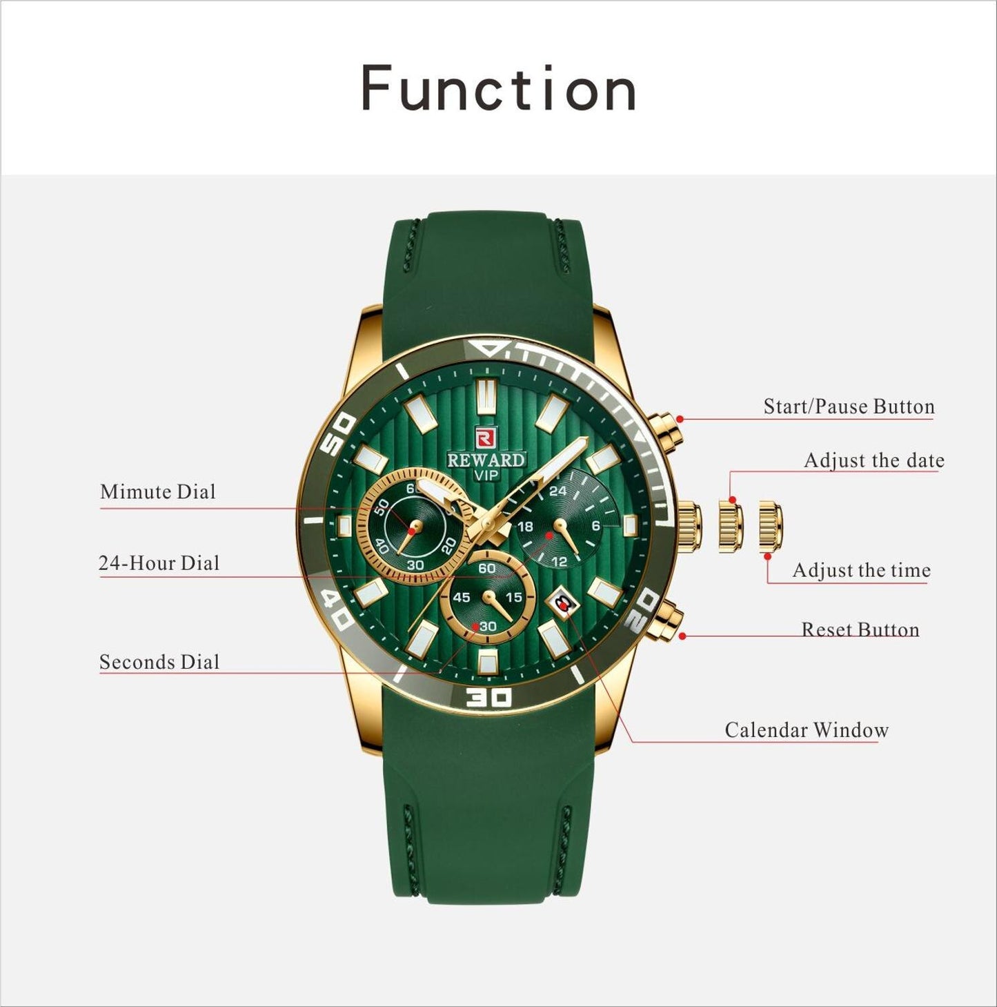 REWARD Mens Watches Top Brand Luxury Chronograph Green Men Silicone Waterproof Date Sport Wrist Watch Man Male Clock Dropship