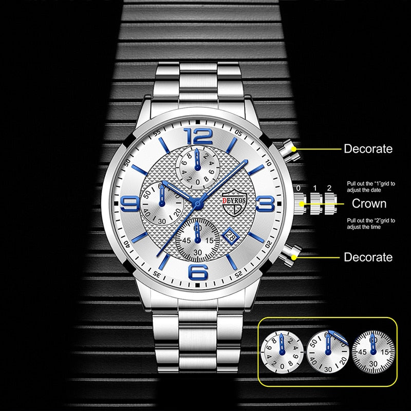 Luxury Mens Sports Stainless Steel Watches Fashion Men Business Leather Quartz Watch Man Calendar Luminous Clock часы мужские