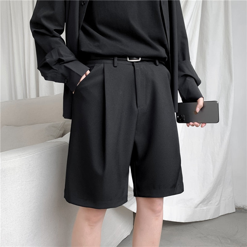Summer Men's Shorts Straight Fit Knee-Length Short Suit Pant Solid Beige Black Summer Clothing Student Thin Casual Shorts Man