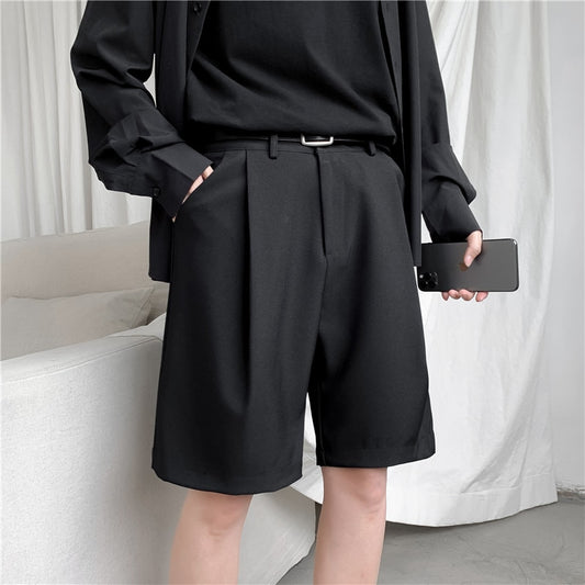 Summer Men's Shorts Straight Fit Knee-Length Short Suit Pant Solid Beige Black Summer Clothing Student Thin Casual Shorts Man