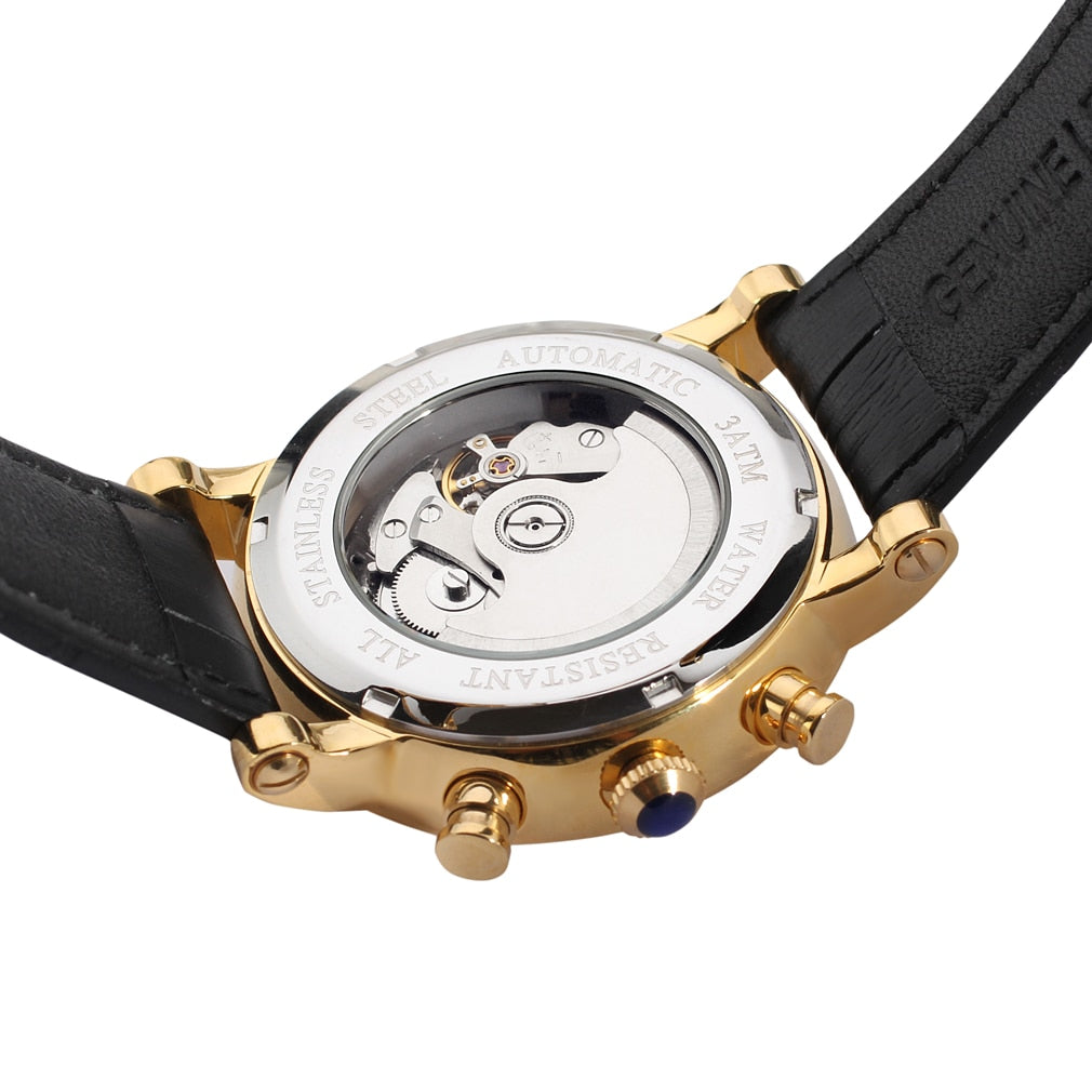 Luxury Design Men's Mechanic Watches Leather Strap Butterfly Clasp Male Clock Auto Date Day Month Calendar Wristwatches for Man