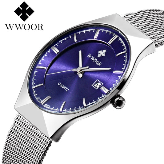 WWOOR Watch Men Luxury Ultra-thin Casual Mens Watch Blue Waterproof Stainless Steel Quartz Auto Date Fashion Watches Mens 2021