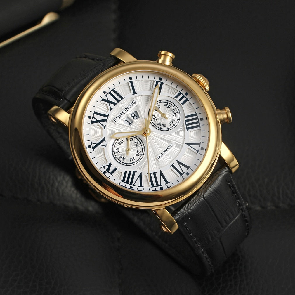 Luxury Design Men's Mechanic Watches Leather Strap Butterfly Clasp Male Clock Auto Date Day Month Calendar Wristwatches for Man