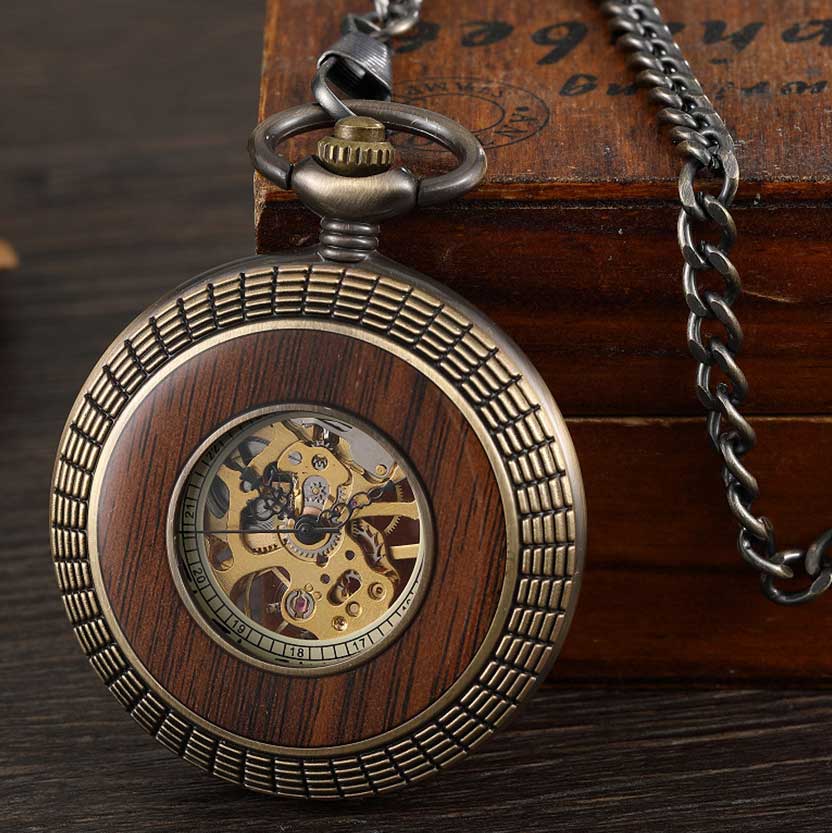 Solid Wood Mechanical Pocket Watch FOB Chain Locket Dial Hollow Steampunk Skeleton Men Women Mens Male Clock Watches Box Package