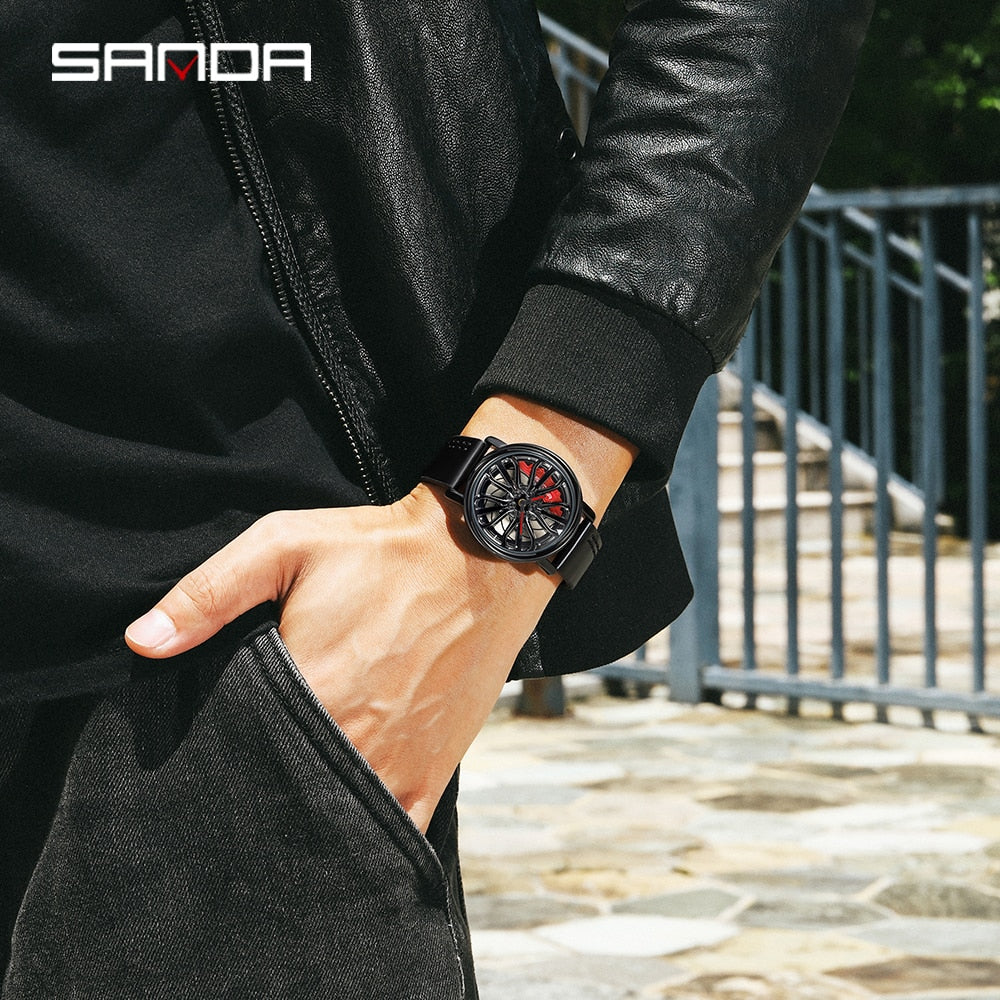 Hot Sell Fashion Men Quartz WristWatch Creative 360 Degree Rotating Car Wheel Quartz Watch Leather Waterproof Rim Hub Clock Men