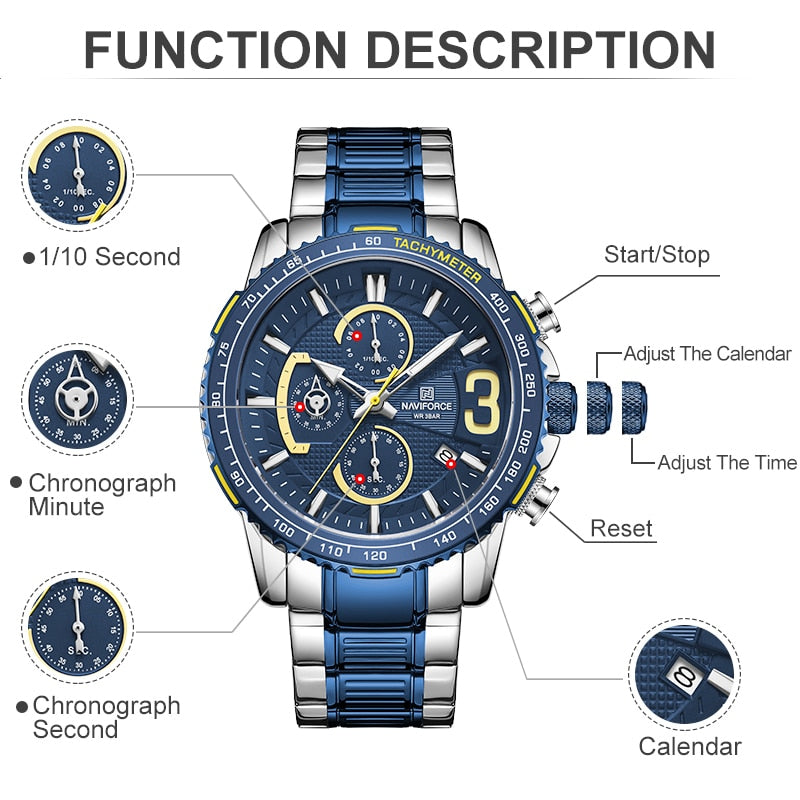 NAVIFORCE Luxury Watch For Men Quartz Chronograph Sport Waterproof Man Watches Military Fashion Stainless Steel Wristwatch Clock
