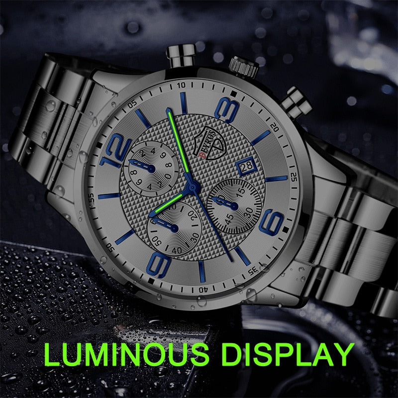 Luxury Mens Sports Stainless Steel Watches Fashion Men Business Leather Quartz Watch Man Calendar Luminous Clock часы мужские