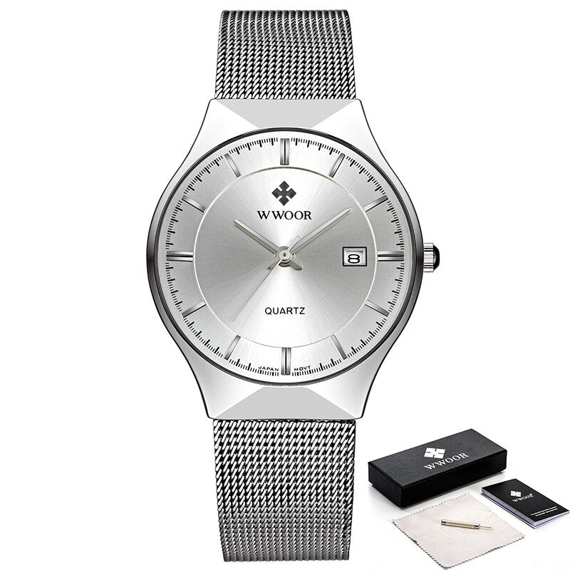 WWOOR Watch Men Luxury Ultra-thin Casual Mens Watch Blue Waterproof Stainless Steel Quartz Auto Date Fashion Watches Mens 2021