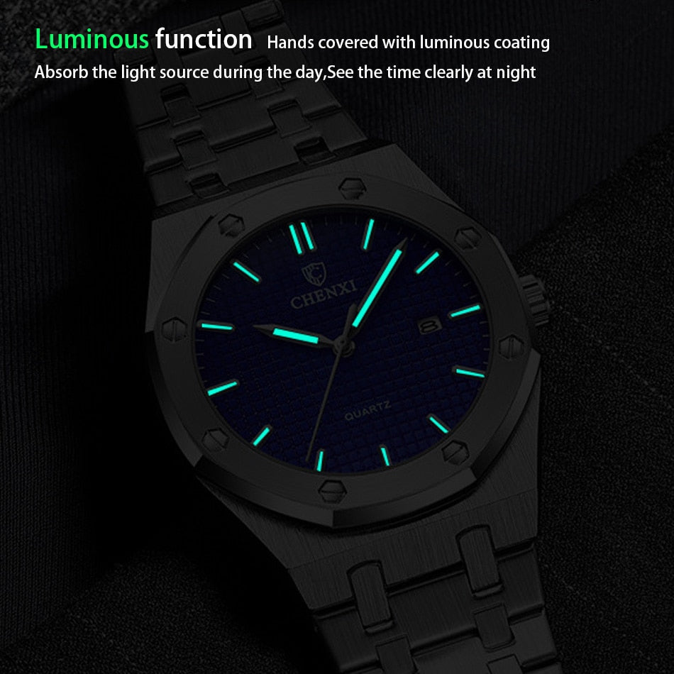 Royal Fashion Casual Men Watches Big Dial Silver Stainless Steel Calendar Quartz Wristwatch Classic Top Brand CHENXI Male Clock