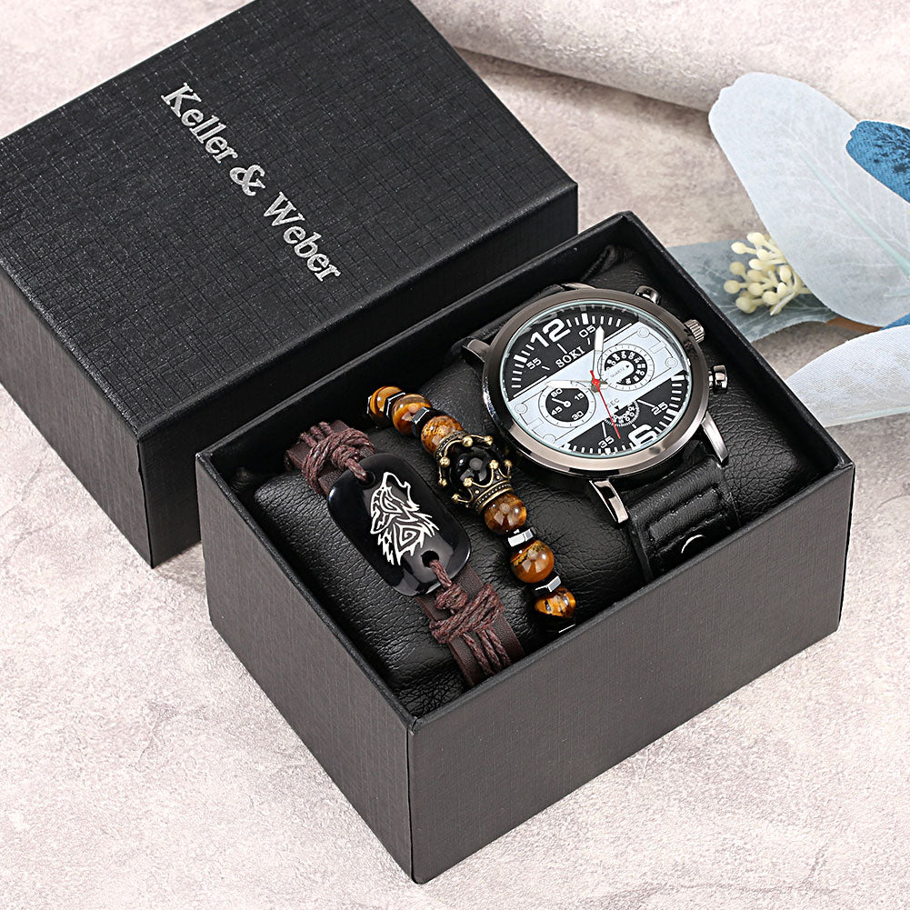 Luxury Watch for Men Bracelet Set Quartz Wristwatches Black Leather Business Clock 2022 Gift for Boyfriend Husband Reloj Hombre