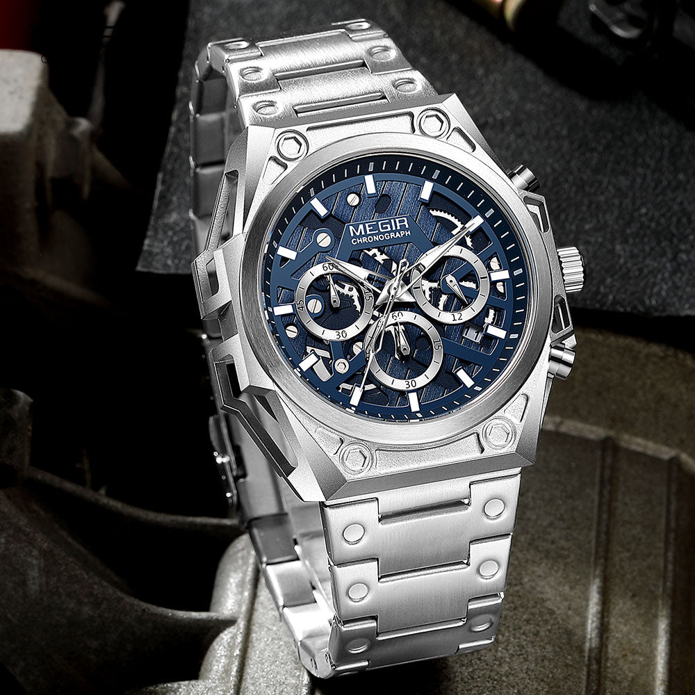 MEGIR Blue Watch Men Stainless Steel Dress Wrist Watch Man Waterproof Chronograph Quartz Watches Relogio Masculino часы мужские