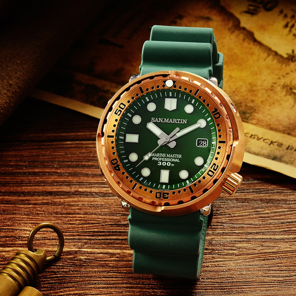 San Martin Tuna Bronze Men Watch Automatic Mechanical Sapphire Luminous 30 Bar Water Resistant Fluoro Rubber Strap Calendar часы