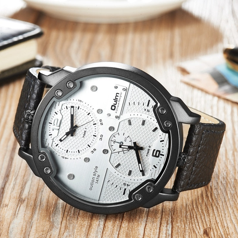 Oulm Men's Casual Sports Watches Unique Design Big Watch Male Leather Strap Quartz Clock Double Time Zone Men Luxury Wristwatch