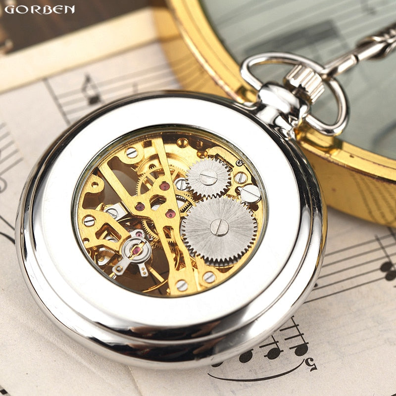 Luxury Silver Skeleton Mechacnical Mens Pocket Watch with FOB Chain Hot Smooth Steel Women Unisex Hand winding Pocket Watches