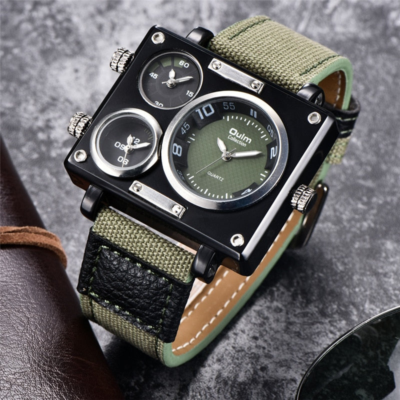 Oulm 3595 Military Watches Men Luxury Brand Three Time Zone Wristwatch Male Quartz Clock Men's Casual Fabric Watch