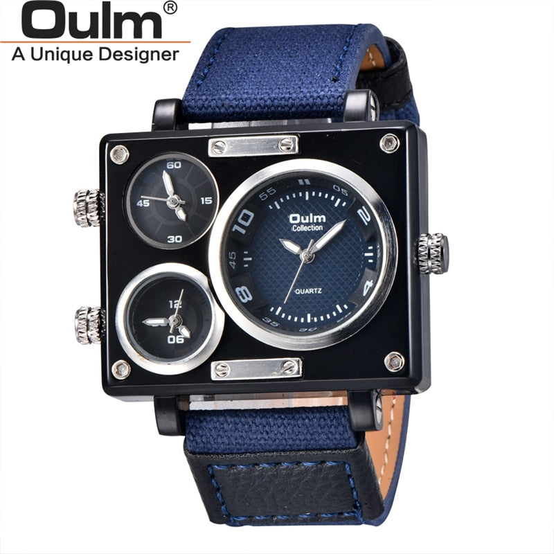 Oulm 3595 Military Watches Men Luxury Brand Three Time Zone Wristwatch Male Quartz Clock Men's Casual Fabric Watch