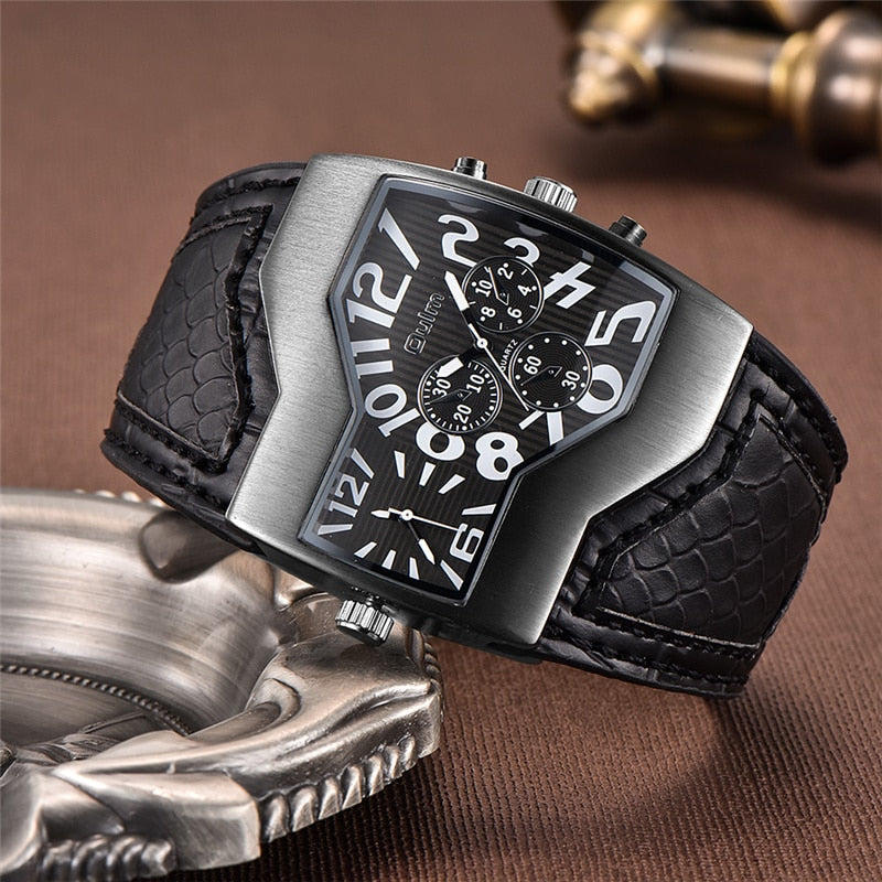 Oulm Classic Style Two Time Zone Men's Watches PU Leather Wristwatch Male Quartz Clock Casual Man Hours relogio masculino