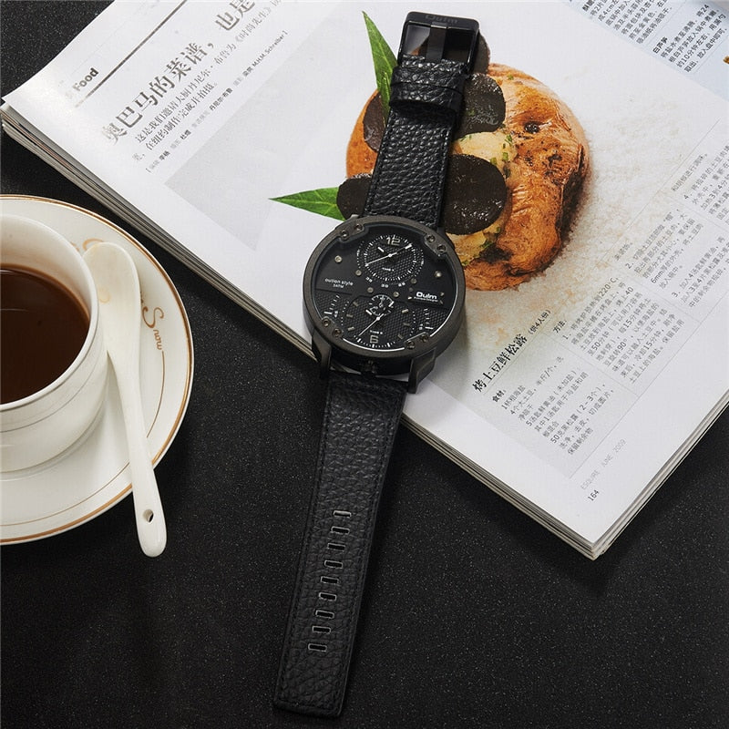 Oulm Men's Casual Sports Watches Unique Design Big Watch Male Leather Strap Quartz Clock Double Time Zone Men Luxury Wristwatch