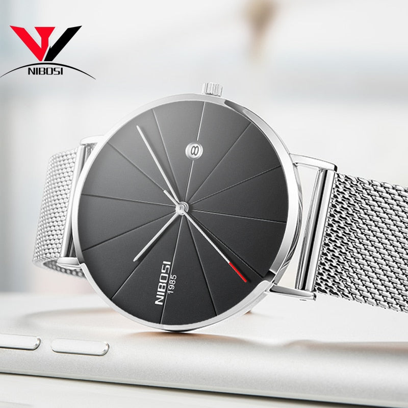 NIBOSI New Men's Watch Ultra-thin Fashion Watches Simple Business Men Quartz Watches Relogio Masculine Male Clock Mesh Band