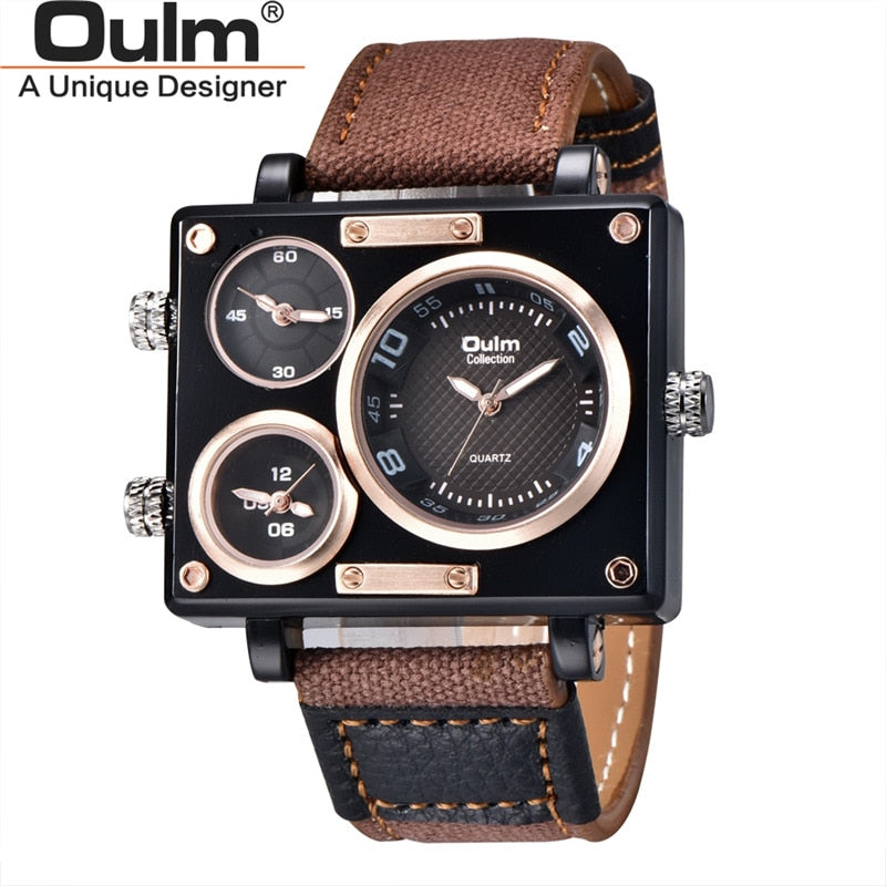 Oulm 3595 Military Watches Men Luxury Brand Three Time Zone Wristwatch Male Quartz Clock Men's Casual Fabric Watch