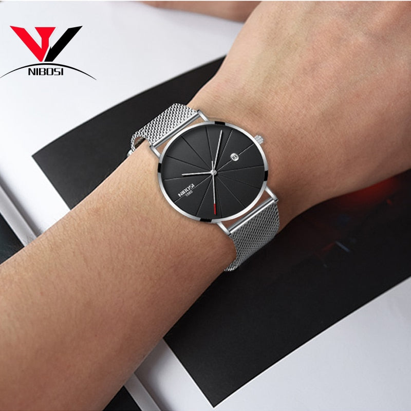 NIBOSI New Men's Watch Ultra-thin Fashion Watches Simple Business Men Quartz Watches Relogio Masculine Male Clock Mesh Band