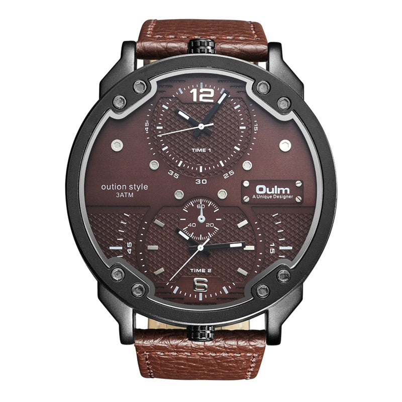 Oulm Men's Casual Sports Watches Unique Design Big Watch Male Leather Strap Quartz Clock Double Time Zone Men Luxury Wristwatch