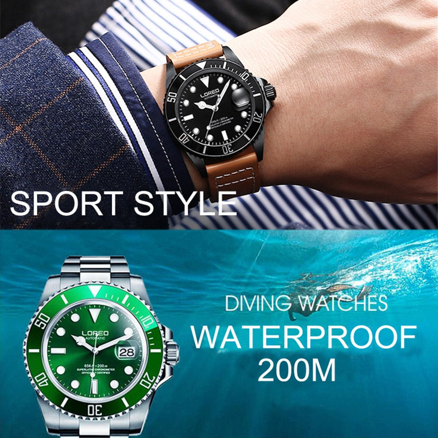 LOREO Waterproof 200m Sports Watch Men Famous Mechanical Watches Male Clock Relojes Deportivos Herren Uhren Reloj Hombre Montre