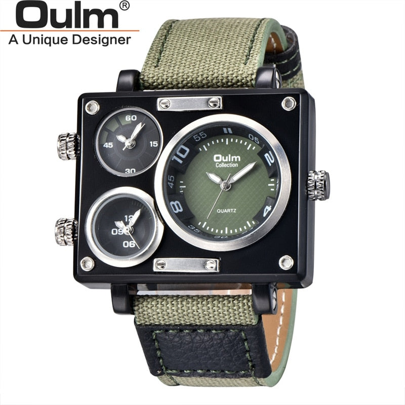 Oulm 3595 Military Watches Men Luxury Brand Three Time Zone Wristwatch Male Quartz Clock Men's Casual Fabric Watch