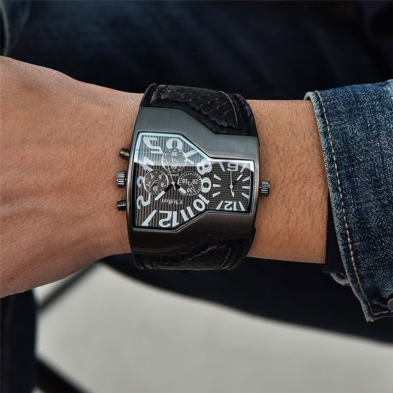 Oulm Classic Style Two Time Zone Men's Watches PU Leather Wristwatch Male Quartz Clock Casual Man Hours relogio masculino