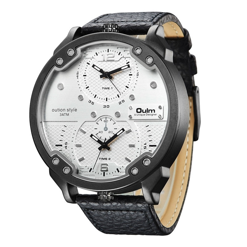 Oulm Men's Casual Sports Watches Unique Design Big Watch Male Leather Strap Quartz Clock Double Time Zone Men Luxury Wristwatch