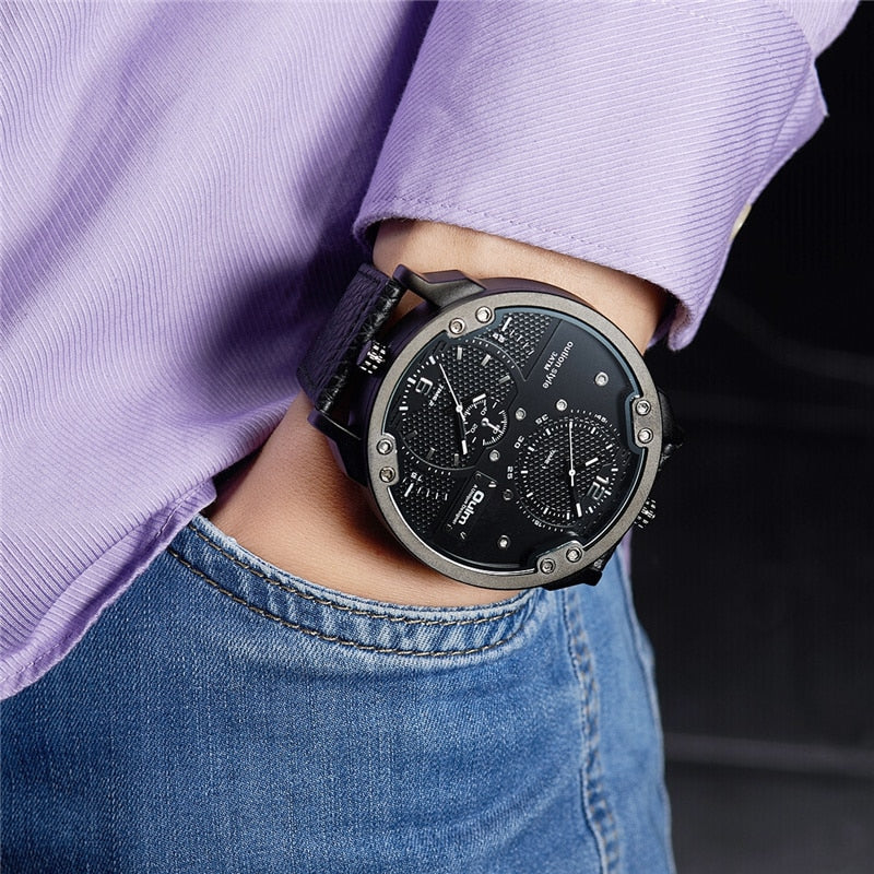 Oulm Men's Casual Sports Watches Unique Design Big Watch Male Leather Strap Quartz Clock Double Time Zone Men Luxury Wristwatch