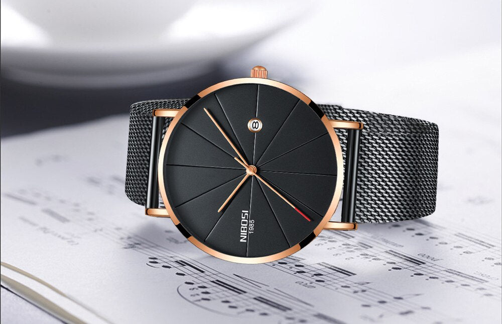 NIBOSI New Men's Watch Ultra-thin Fashion Watches Simple Business Men Quartz Watches Relogio Masculine Male Clock Mesh Band