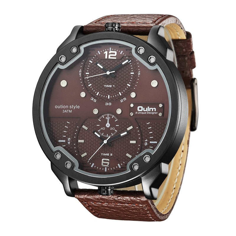 Oulm Men's Casual Sports Watches Unique Design Big Watch Male Leather Strap Quartz Clock Double Time Zone Men Luxury Wristwatch
